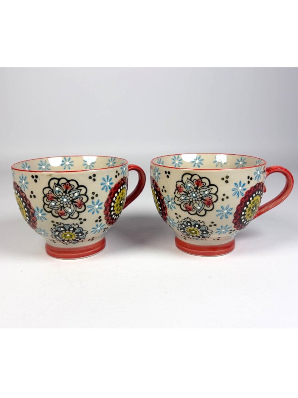 Set of 2 Dutch Wax Hand Painted Ceramic Floral Mugs Pedestal Colorful